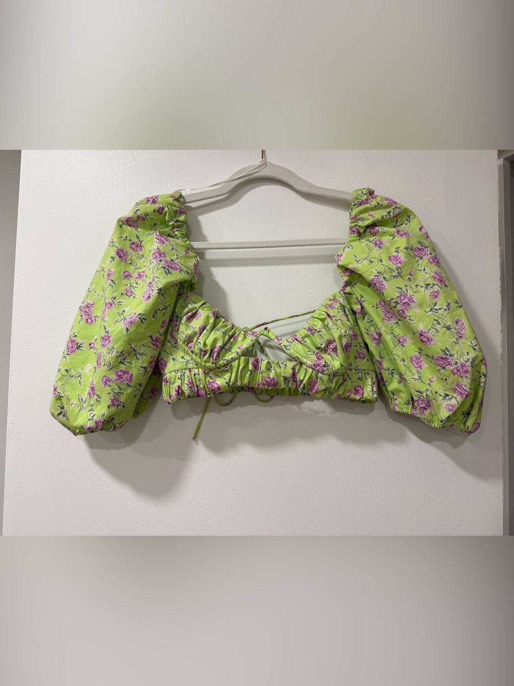 Zara Lime Green Floral Puff-Sleeve Crop Top